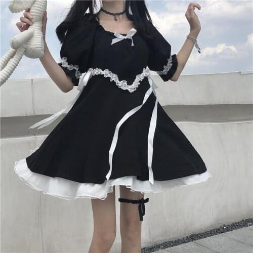 Japanese Summer Gothic Dress Kawaii Soft Girl Vintage Square Collar Cute Lace-Up Bow Puff Sleeve Dress Sweet Ruffles Black Dress