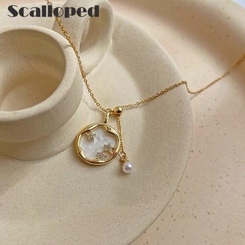 SCALLOPED Trendy Shell Titanium Steel Star Pearl Necklace For Women Brand Designer Clavicle Chain Choker Statement Jewelry