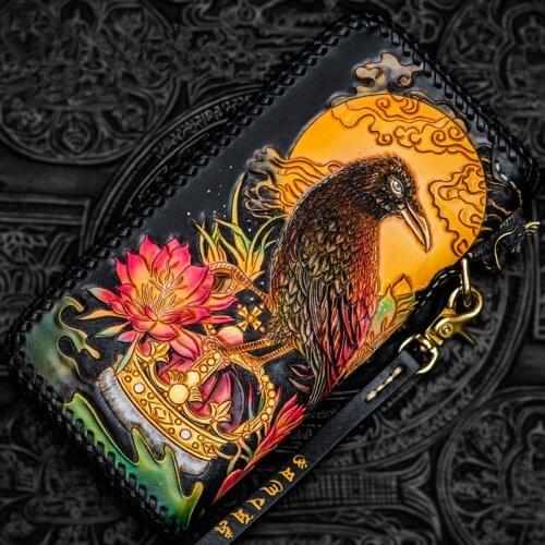 Handmade The Golden Crow-the Sun Wallets Zipper Purses Men Long Clutch Vegetable Tanned Leather Wallet Card Holder