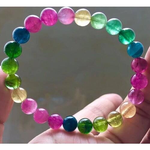 Natural Colorful Rainbow Tourmaline Quartz Crystal 8mm Round Beads Bracelet Tourmaline Bangle Drop Shipping AAAAAA Certificate