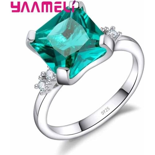 New Green Cubic Zircon Square Stone Ring Luxury 925 Sterling Silver Crystal Jewelry for Women Female Wedding Party