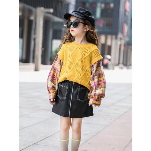 4-12 Years Big Girls Sweater Autumn High Quality Plaid Long Sleeve Stitching Pullover Kids Clothing Fashion Knit Girl Sweater