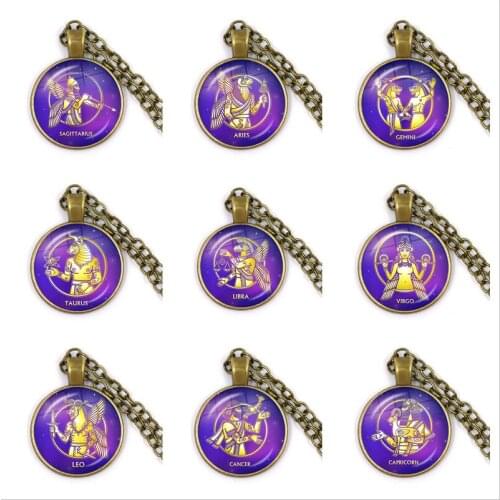 Handmade Esoteric 12 Constellations Glass Cabochon Necklace Virgo Sagittarius Zodiac Sign Pendant Necklace for Birthday Gift