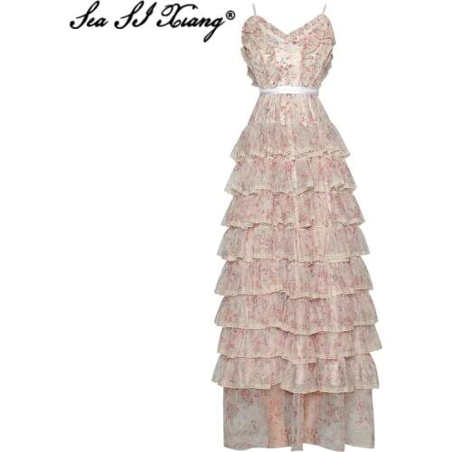 Seasixiang Fashion Designer Summer Maxi Mesh Dress Women V-Neck Sexy Backless Cascading Ruffle Floral Print Party Long Dresses