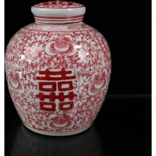 Old Chinese Blue and white porcelain Double happiness pattern lid jar pots red