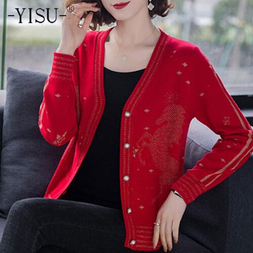 YISU 2021 Spring Women Cardigan V-Neck Buttons Horse pattern Spring tops All-match Female Long sleeve Casual Knitted Cardigan