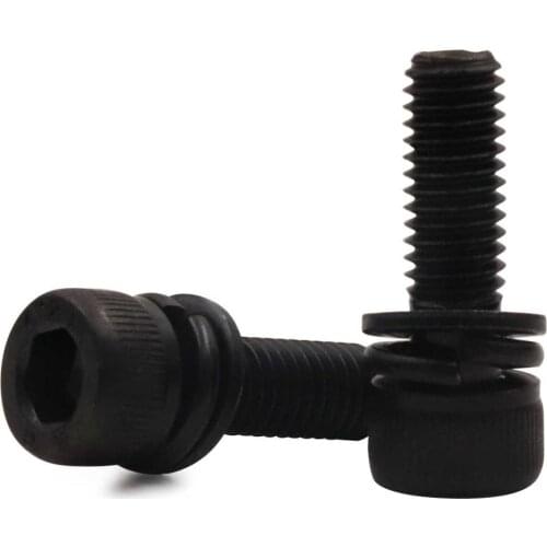 10pcs M6 Allen cup head screws cylindrical headel knurled screw washer spring pad combination bolt black color 16mm-30mm length