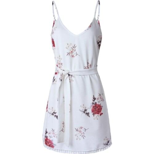 PERHAPS U Strap Floral Flower Print Tassel Sash Mini V Neck High Waist Summer Casual Beach Sexy Sundress Dress Female D0108