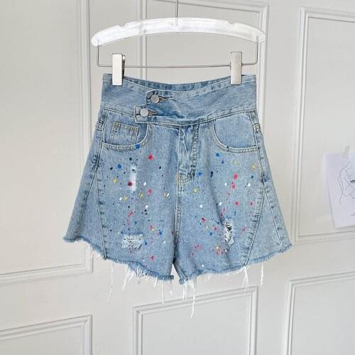 Ladies Denim Shorts 2021 Summer New High-waisted Wide-legged Wild Loose A-line Short Hot Pants Female Tie-dye Women Clothing