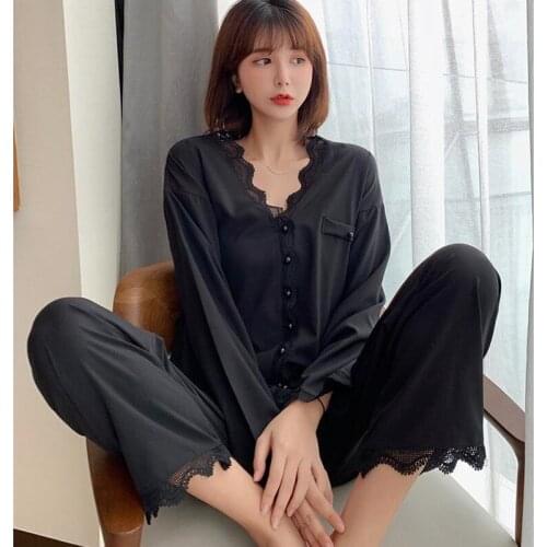 Womens pajamas set sexy black lace Korean autumn fashion home wear loose kimono robe new arrival long sleeve nightwear пижама