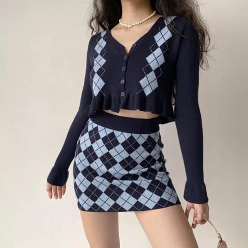 Autumn Spring Vintage Plaid Knitting Skirt Sets For Women Long Sleeve Ruffle Crop Cardigans Sweater + Mini Skirt Ladies Knitwear