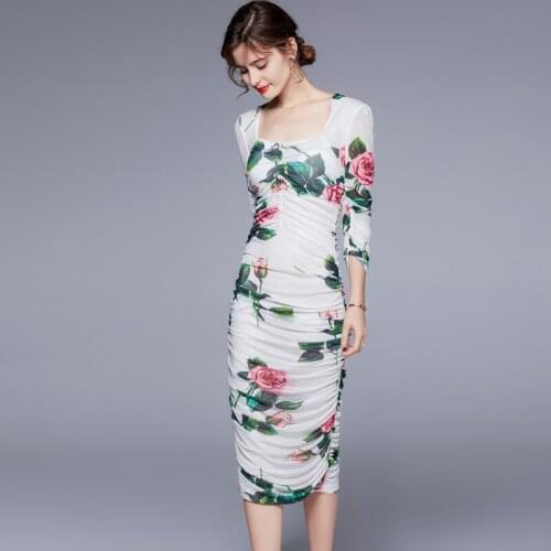Runway Party Women Slim Puff Sleeve Mid Calf Stretch Sheath Dress 2021 Summer Floral Print Ruched Draped Bodycon Dress k8078