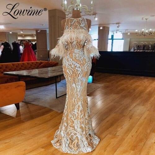 2019 New Fashion Feather Evening Dresses Lace Saudi Arabic Prom Dresses Mermaid Illusion Party Gowns Vestido De Festa