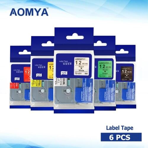 AOMYA P-Touch 6PCS Compatible for Brother TZe-131 TZe-231 TZe-431 TZe-531 TZe-631 TZe-731 12mmx8m Standard Labeling Tape