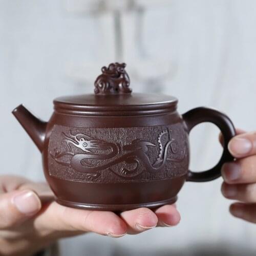 Handmade carved dragon yixing teapot famous master purple clay pot zhu mud teaware