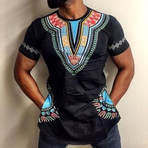 Ethnic Print Pattern Mens Slim Short-sleeved Traditional Mid-length Dashiki Tops Summer New Style African Men Casual Shirts