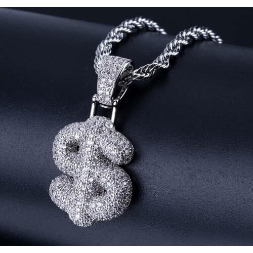 Hip Hop Micro Paved AAA+ Cubic Zirconia Iced Out Bling US Dollar Symbol Pendants Necklace for Men Jewelry Gold Silver Color