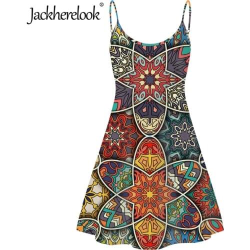 Jackherelook Women Spaghetti Strap Boho Dresses Vintage African Tribal Ethnic Print Summer Sleeveless Dress Holiday Vestidos