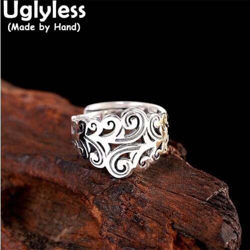Uglyless Thai Silver Vines Rings for Women Hollow Leaves Ethnic Jewelry Real 925 Sterling Silver Jewelry Glossy Silver Rings