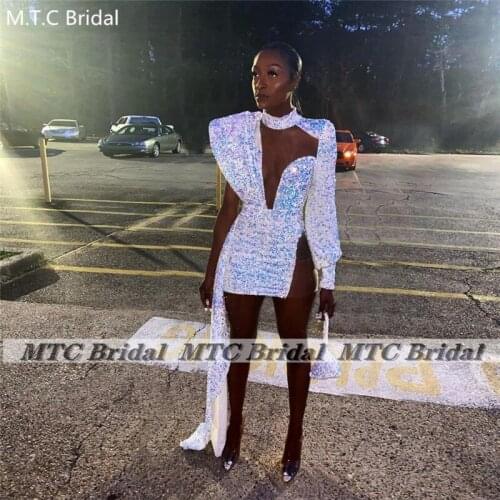 Short Sexy Black Girls Prom Gowns Long Sleeve Sheath Cut-out Sparkly Sequins Special Occasion Cocktail Party Gowns Custom Made