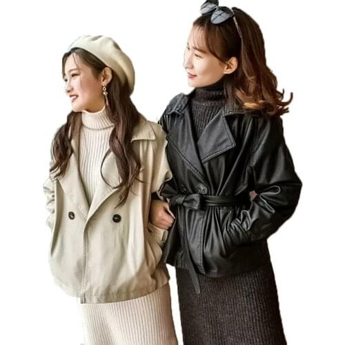 2021 New Spring Autumn Women Faux PU Leather jacket Manteau Femme Casual Coat Female Outwear Leather Jacke Twith Belt Outerwear