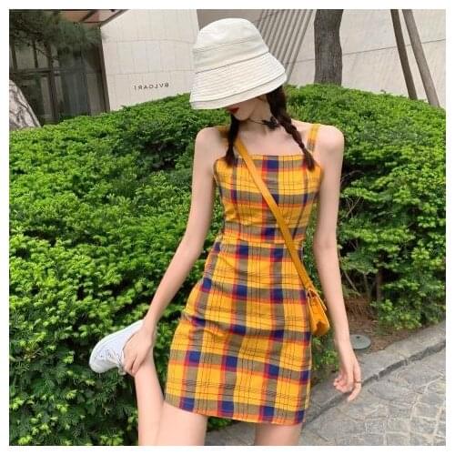 Slip Sleeveless Summer Light Dress Plaid Sexy Womens Dresses Yellow Wrap Mini Short Bodycon Casual Korean Party Vintage Fashion