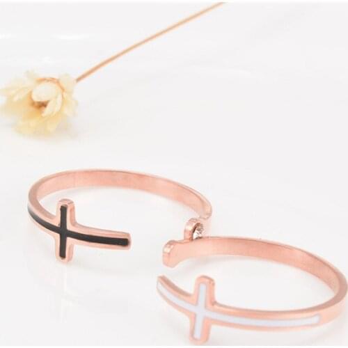 Martick High Polishing Opening Rose Gold Rings With Single Cubic Black White Shell Cross Shape For Lady Jewelry Anills R31