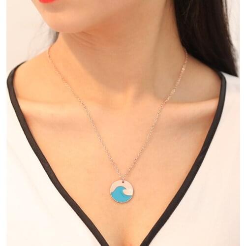Fashion Women Necklace Brand Design Cartoon Blue Wave Necklace Pendant Necklace Lady Clavicle Chain Coin Pendant Collares 2021