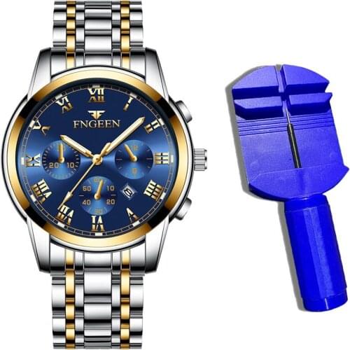 Quartz Mens Watch Luxury Brand FEGEEN 30M Waterproof Calendar Analog Male Watch for Boyfriend Gift Stainless Steel Strap Clock