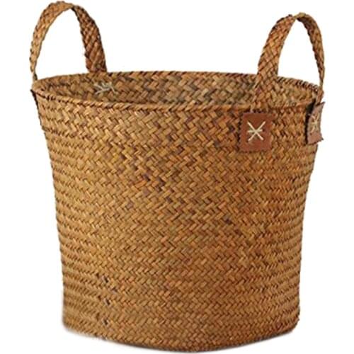 Natural Round Straw Basket Bin Handmade with Handgrip Orange 33X21X26cm