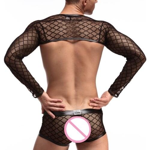 2018 New Fashion Men Sexy Black Fishnet Plaid Mesh Bodysuit Open Front Long Sleeve Tops Short Boxers Fetish Clubwear Undershirt