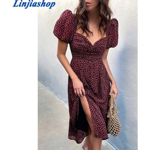 Chic Red Floral Print Black Midi Dress Retro Short Puff Sleeve Sexy Vestidos Vintage Chiffon Dresses