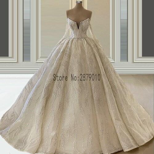 Off Shoulder Long Sleeves Wedding Dresses Ball Gown Puffy Ruched Bridal Gowns Sexy V Neck Hochzeitskleider