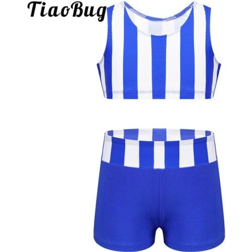 TiaoBug Kids Teens Sleeveless Athletic Striped Ballet Gymnastics Crop Top Shorts Sports Set Children Girls Stage Dance Costume