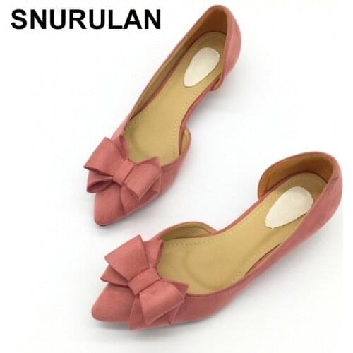 SNURULANSexy Pointed Toe Womens D'Orsay Low Heels Pumps Flock Bowtie Slip On Female Low Heels Shoes Ladies Single Shoes E644