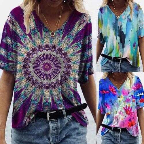 V Neck Ladies Tshirt Short Sleeve Tee Shirt Tie Dye Printed Women Summer Fashion Casual Tops T-Shirt 3 Color Female T-Shirt D30