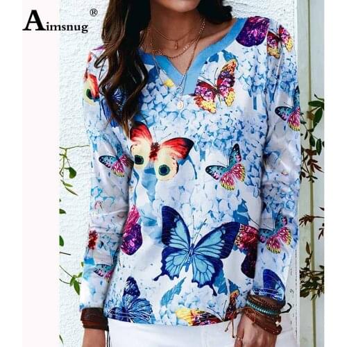 2021 Plus size 4xl 5xl Women Elegant Bohemian Butterfly Print Tops Female Long Sleeve T-Shirt Ladies Autumn Casual Tees Shirt