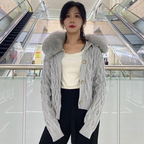 Cashmere Sweater Women Fashion Knitted Sweater 2021 New Autumn Winter Coat Natural Fox Fur Collar Solid Color
