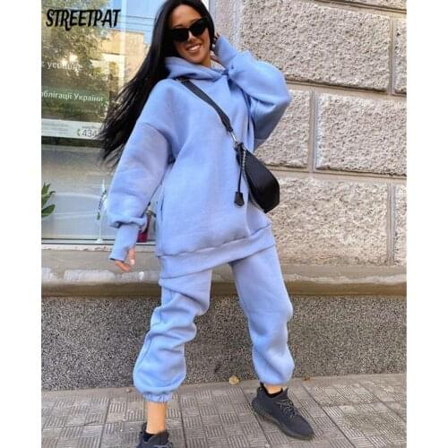 Women Casual Fleece Two Piece Set Long Sleeve Hoodie Pullover Sweatshirt And Jogging Sweatpant Suit Loose Solid Female Tracksuit