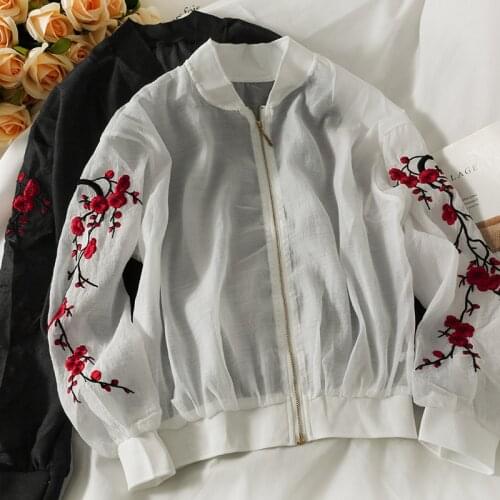 Zip Up Women Summer Cardigan Coat 2021 Design New Floral Embroidery See Through Sun Protection Thin Jacket Outwear