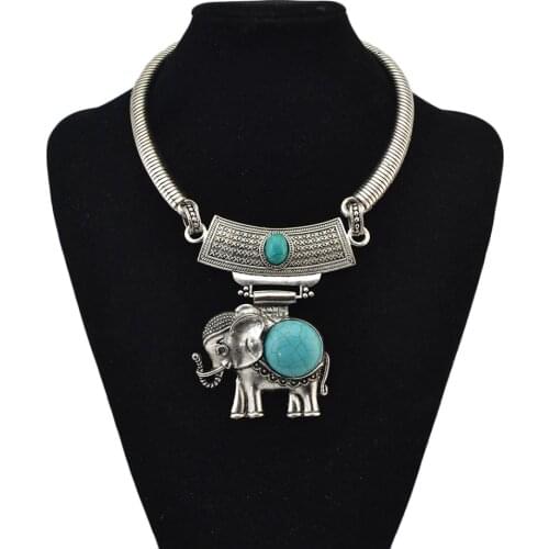 Boho Elepant Maxi Statement Blue Stone Necklace & Pendant Women Collier Vintage Choker Necklace Drop Earrings Turkish Jewelry