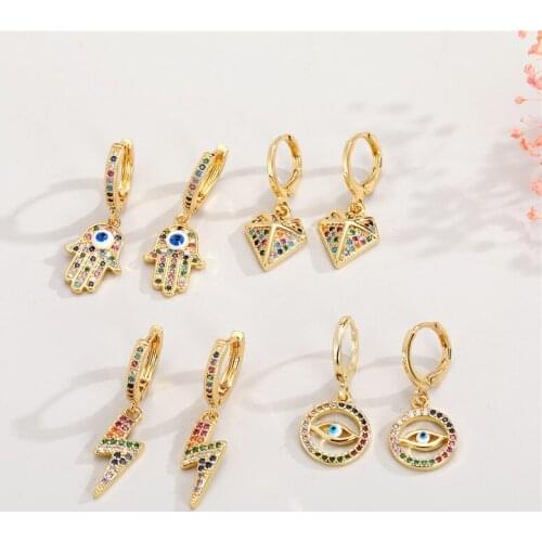 1Pair Punk Vintage Rainbow Zircon Hoop Earrings For Women Fatima Hand Lightning Hollow Evil Lucky Eye Ear Stud Turkish Jewelry