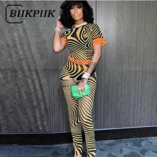 BIIKPIIK Striped Mesh Print 2 Piece Sets Casual Lounge Wear Female See Through Tracksuits Skinny Basic Matching Set Streetwear