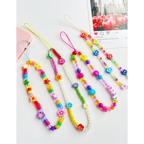 Ethnic style colored soft clay mobile phone chain Fruit flower heart star beaded mobile phone chain 2021 new jewelry