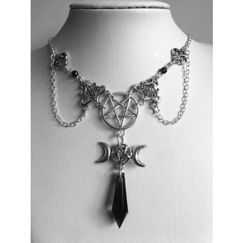 Black or Red Triple Moon Necklace Occult Pagan Wicca,Wiccan Triple Moon Goddess Pendant Necklace Pentagram Witch Jewelry