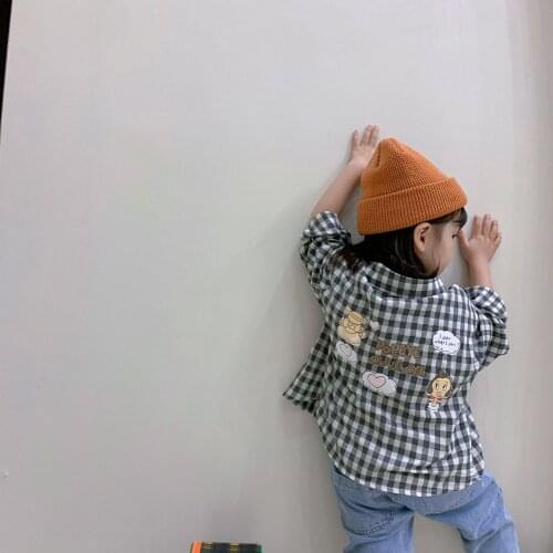 Spring New Childrens Plaid Shirts Korean Casual Print Pocket Blouses for Boys and Girls Kids Cotton Pocket Long Sleeve Shirts