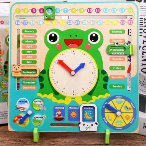 Daily Cognitive Calendar Teaching Clock Board, Wooden Early Education Puzzle Learning Toy, Time Date Season Weather Month