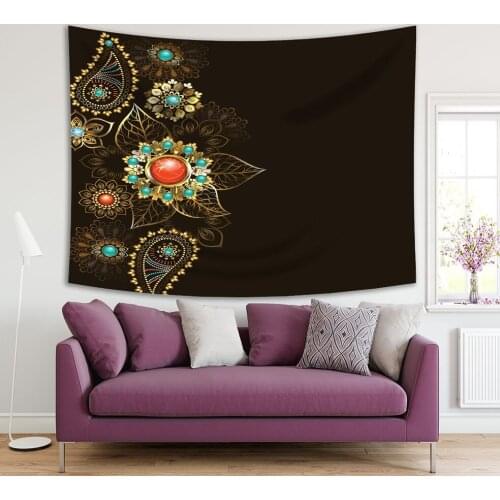 Tapestry Ethnic Pattern of Gold and Bronze Decorated with Turquoise and Jasper on Dark Background Jewelry Art Printed