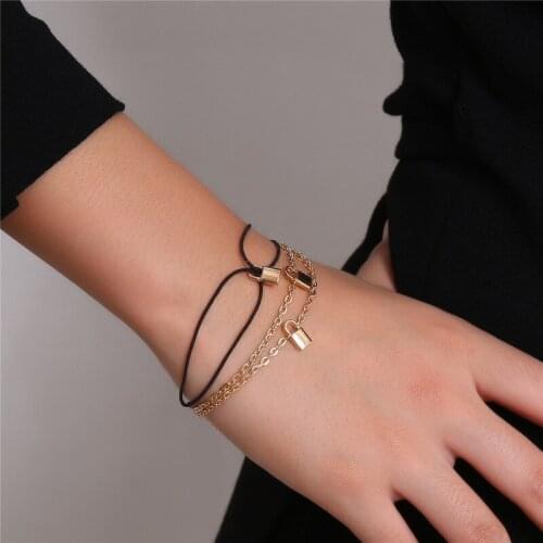 Gothic Lock Pendant Bracelets for Women Fashion Punk Leather Chain Golden Bracelets Bangles Jewelry