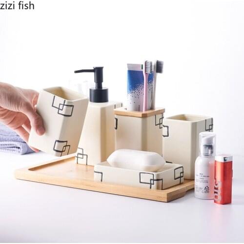 Checkered Texture Ceramic Press Emulsion Dispenser Container Toothbrush Holder Soap Bathroom Set Holder Bathroom Accessories Set